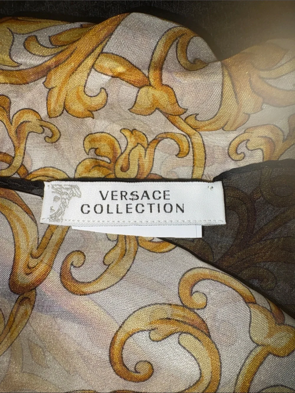 Versace Collection Gold Scroll Print Silk Scarf Top